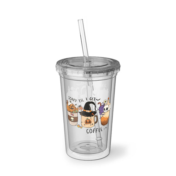 Scary Til I Get Coffee Halloween Acrylic Cup, Spooky Plastic Cup 16oz With Lids Clear