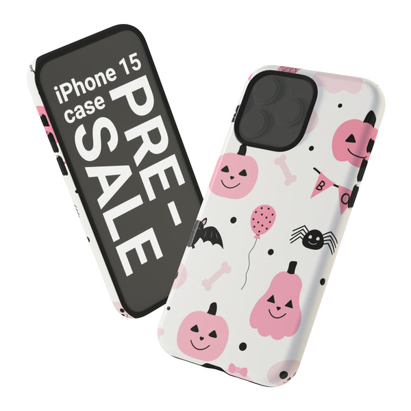 iPhone 15 Case Presale, Pink Pumpkins and Bats Halloween iPhone 15 Case