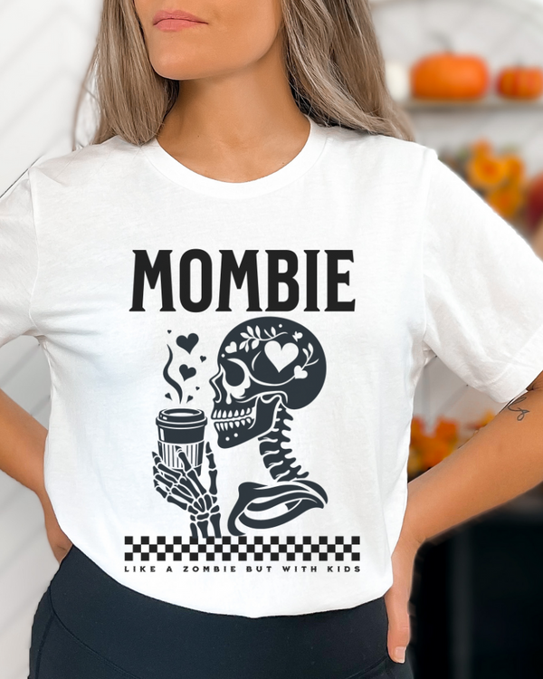 Mombie Coffee Lover Halloween TShirt, Skeleton Drinking Coffee Shirt