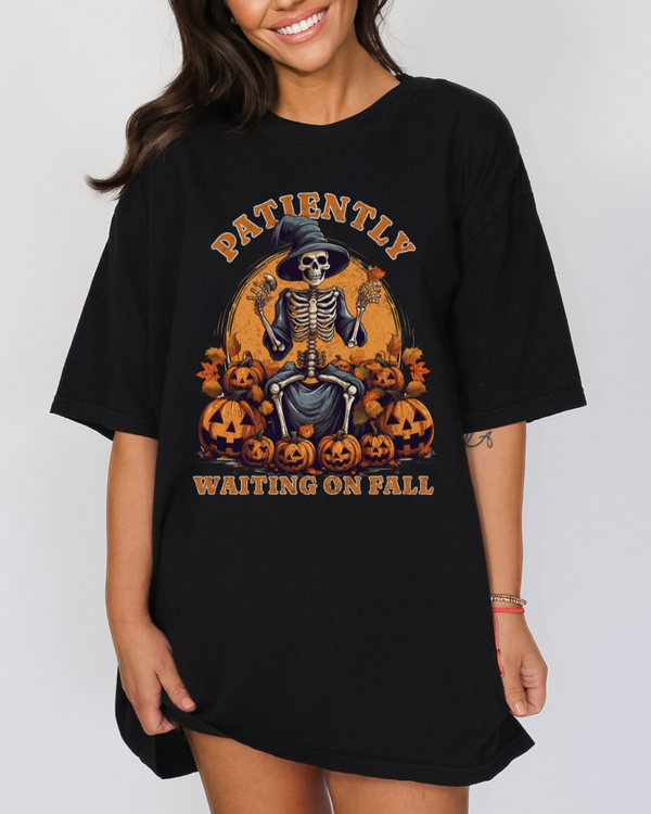 Patiently Waiting On Fall TShirt, Women's Skeleton Fall Shirt