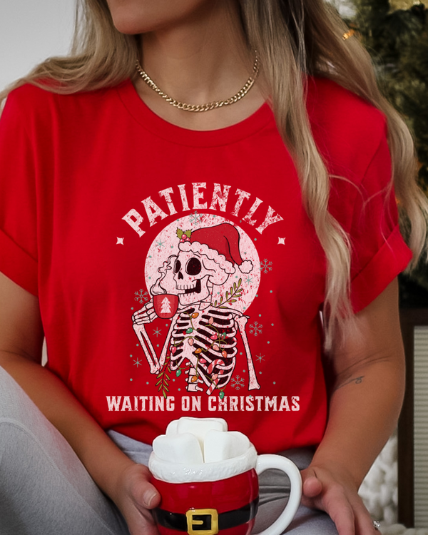 Patiently Waiting On Christmas TShirt, Women's Skeleton Christmas Shirt