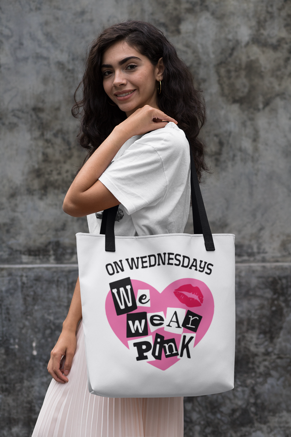 On Wednesdays We Wear Pink Canvas Tote Bag, Cute Halloween Bag