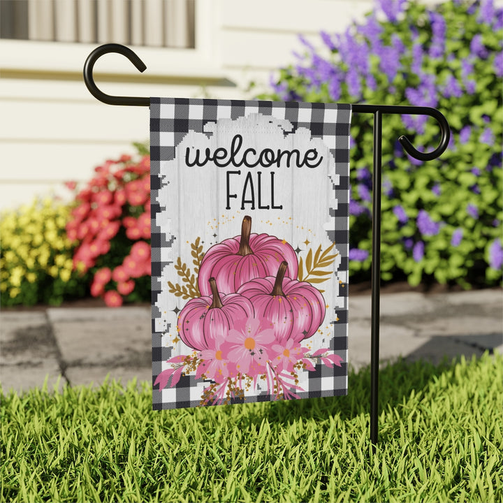 Pink Pumpkins Welcome Fall Flag For House, Buffalo Plaid Garden Flag For Fall, Fall Garden Flags, Burlap Garden Flag, Burlap House Flag SheCustomDesigns