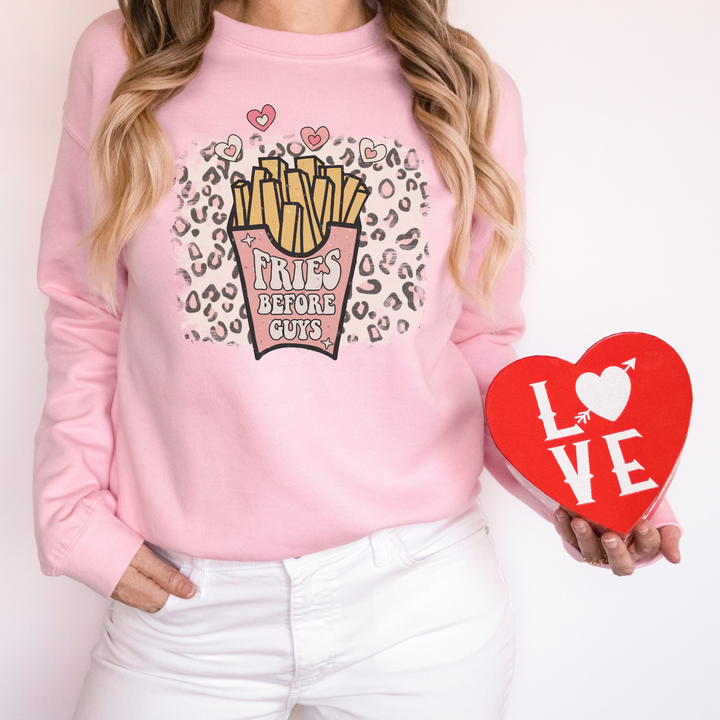 Fries Before Guys Shirt, Cute Valentines Sweatshirt, Valentines Day Shirt, Womens Shirt With Sayings, Leopard Print Shirt SheCustomDesigns