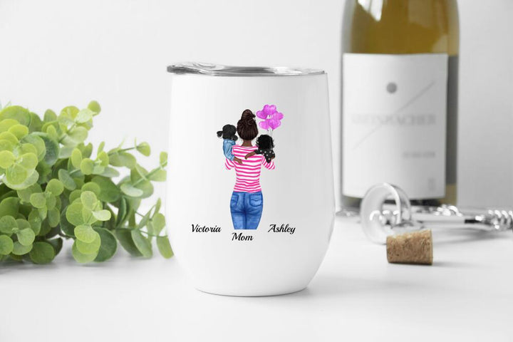 Mothers Day Gift For Mom With Daughter, Birthday Gift For Sister, Super Mom With Children Personalized Wine Tumbler SheCustomDesigns