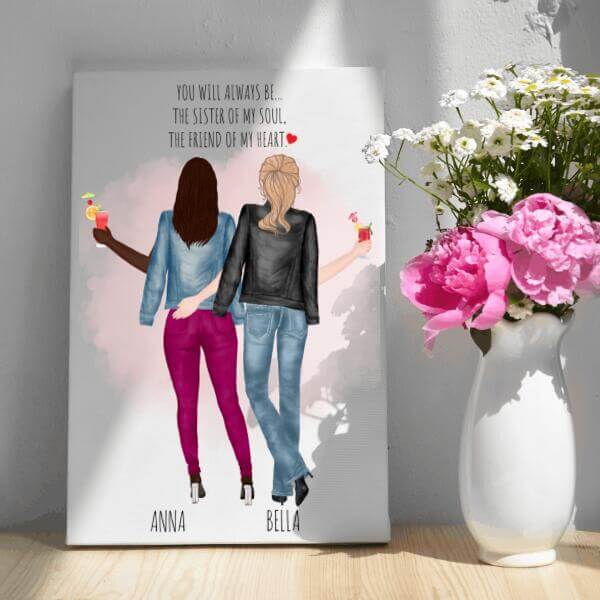 Best Friend Gift Personalized, Best Friend Canvas Personalized 2 Women With Drinks SheCustomDesigns
