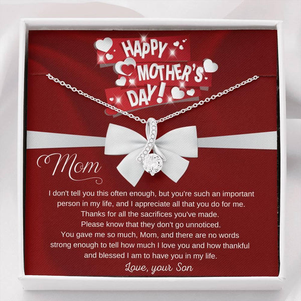 Gift For Mom From Son, Gift For Mom On Mother's Day, CZ Ribbon Necklace To Mom From Son On Mother's Day SheCustomDesigns