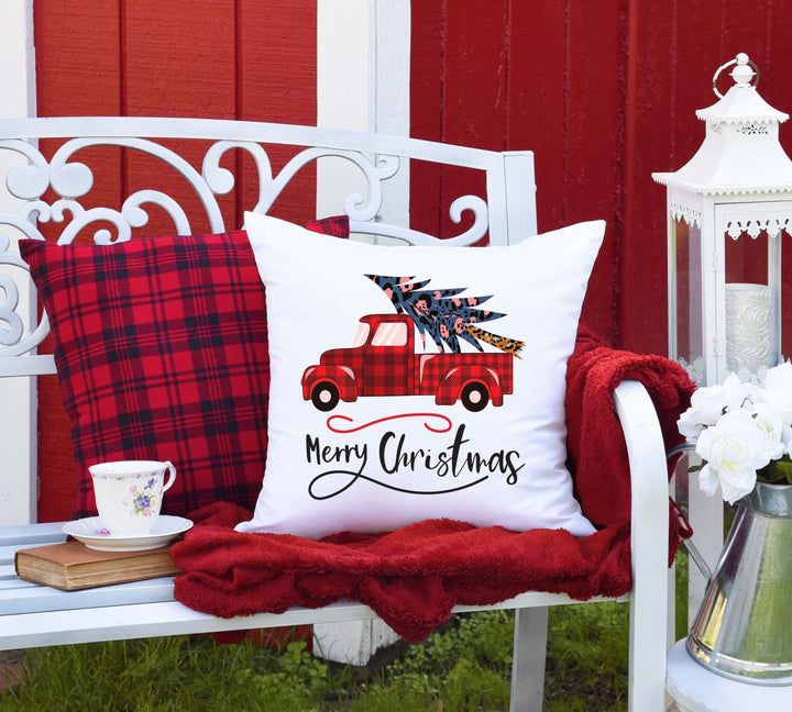 Christmas Decorative Pillow Covers, Christmas Pillow Cover, Merry Christmas Red Truck, Christmas Home Decor Pillow Cover SheCustomDesigns
