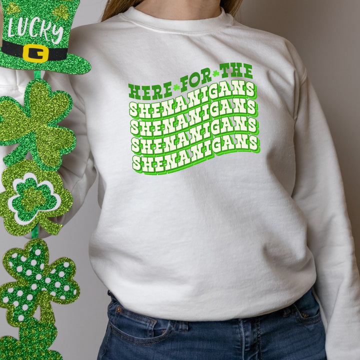 Here For The Shenanigans, St Patricks Day Sweatshirt, St Patrick's Day Sweater, St Pattys Shirt, Shenanigans Coordinator Shirt, Cute Sweater SheCustomDesigns