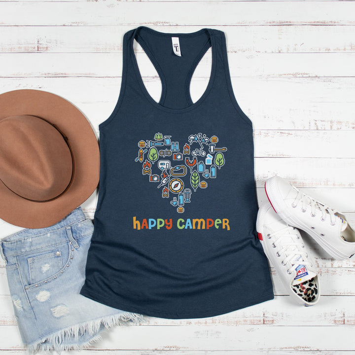 Happy Camper Tank, Summer Camp Shirt, Camping Tank Tops For Women, Doodle Camp Life Tank, Camping Gear Shirt, Nature Racerback Tank SheCustomDesigns