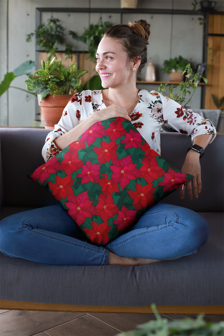 Christmas Pillow Cover, Christmas Decorative Pillow Covers, Christmas Red Poinsettias Pillow Cover SheCustomDesigns